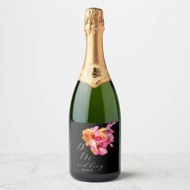 Ljust blomstermålade monogram i svart bröllop (Framsida)