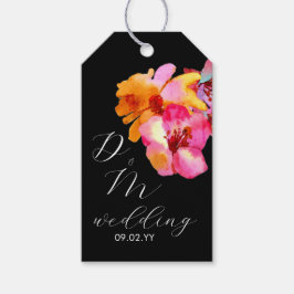 Ljust blomstermålade monogram svarta bröllop presentetikett