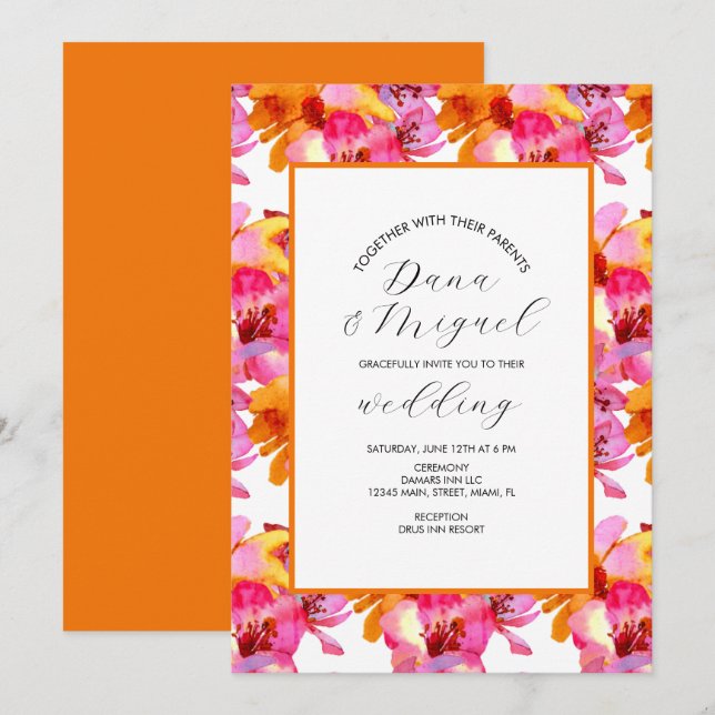 Ljust blomstermönster Rosa orange akvarell bröllop Kort (Fram/baksida)