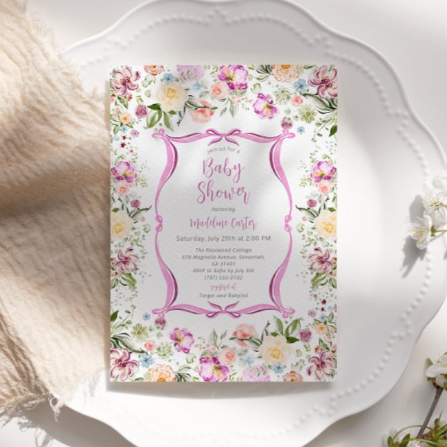 Ljust blomsterträdgård Rosa band Bebisens firande Inbjudningar (Skapare uppladdad)