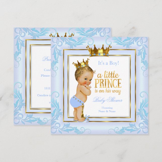 Ljust Blue Guld Krona Prince Baby Shower Blonde Inbjudningar (Fram/baksida)
