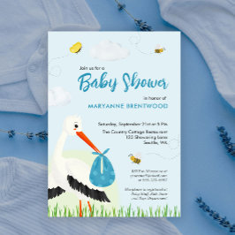Ljust Blue Stork Baby Shower Inbjudningar