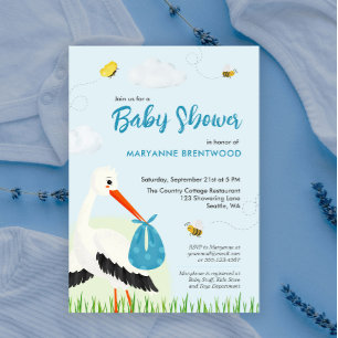 Ljust Blue Stork Baby Shower Inbjudningar