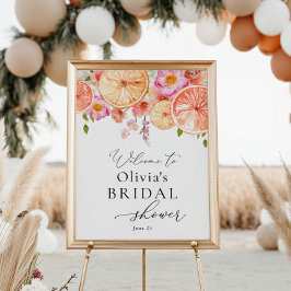 Ljust bröllopsdusch-välkomstskylt med blommor och  poster