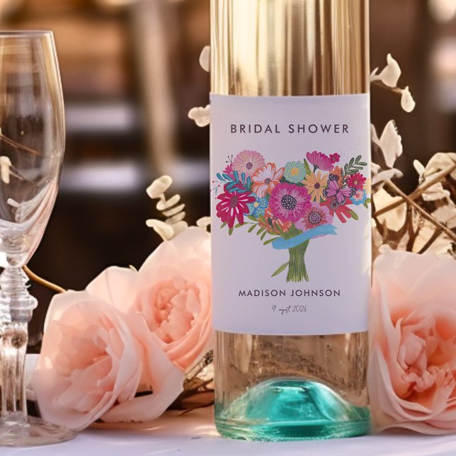 Ljust Bröllopsfest för Vildblomma Vinflaska Etikett (Bright Wildflower Bridal Shower Party Wine Label)