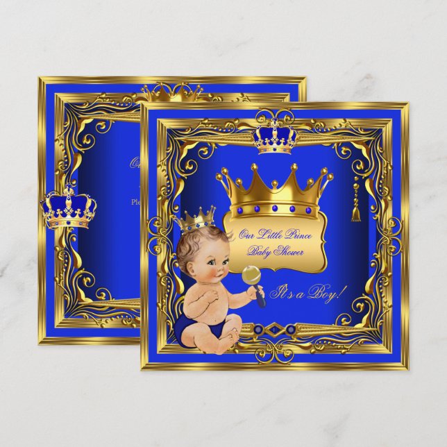 Ljust Brunett Prins Baby Shower Pojke Blå Guld Inbjudningar (Fram/baksida)