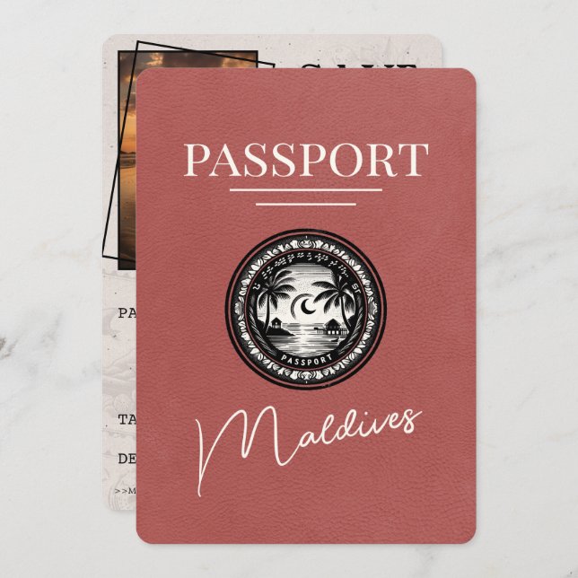 Ljust Burgundy Maldives Passport sparar datumet Spara Datumet (Fram/baksida)