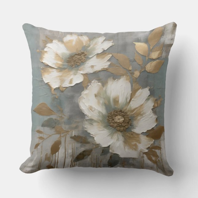 Ljust dammigt blå vit guld modern blomster kudde (Framsida)