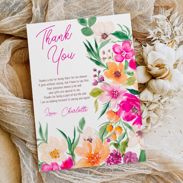 Ljust djärva vilda blommor script bröllopsdusch tack kort (Bright bold wild flowers script bridal shower thank you card on white)