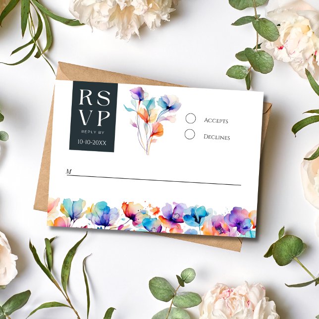Ljust djärvt akvarell blommande bröllops-svarskort inbjudningar (Bright Bold Watercolor Floral Elegant Modern Wedding RSVP card)