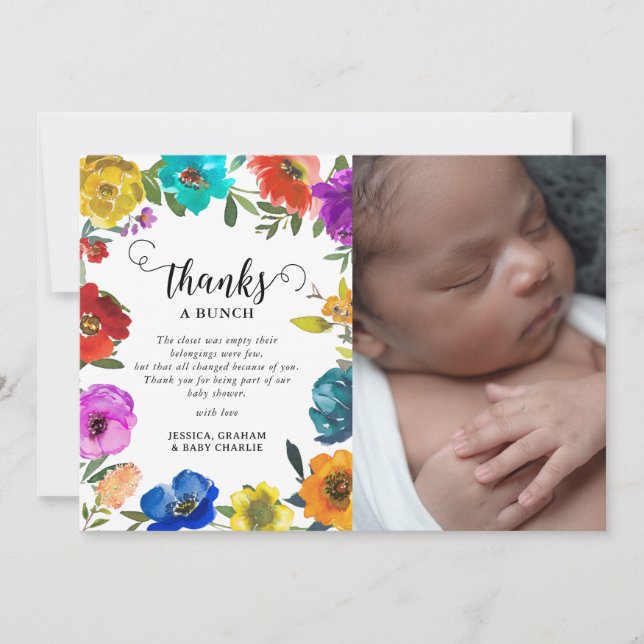 Ljust & djärvt blommigt babyfirande tack kort (Framsida)