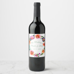 Ljust djärvt blomsterkrans vattenfärg anpassad vin vinflaska etikett