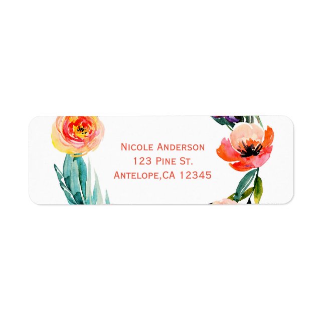 Ljust djärvt blomsterkrans vattenfärg bröllopsdusc returadress etikett (Framsidan)