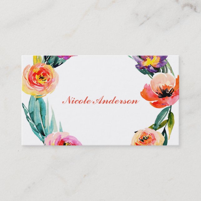 Ljust djärvt blomsterkrans vattenfärg chic blommor visitkort (Framsida)
