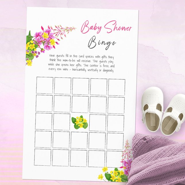 Ljust Förlossningsfest Bingo Spel för Blivande Mam (Bright Wildflower Baby Shower Bingo Game ©Susanne Sachers - Sunny Mind Design 🌞)