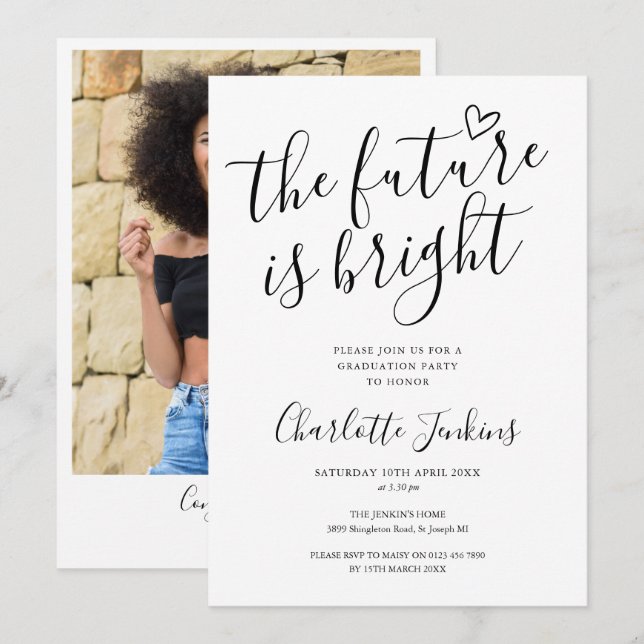 Ljust framtidsskript hjärta foto examensfest inbjudningar (Fram/baksida)