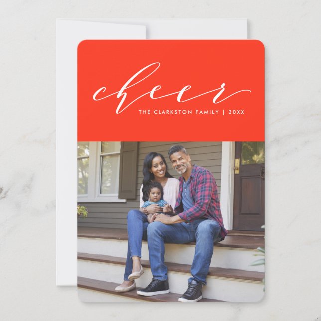 Ljust glad rolig skript röd högtidlig fotokort julkort (Framsida)