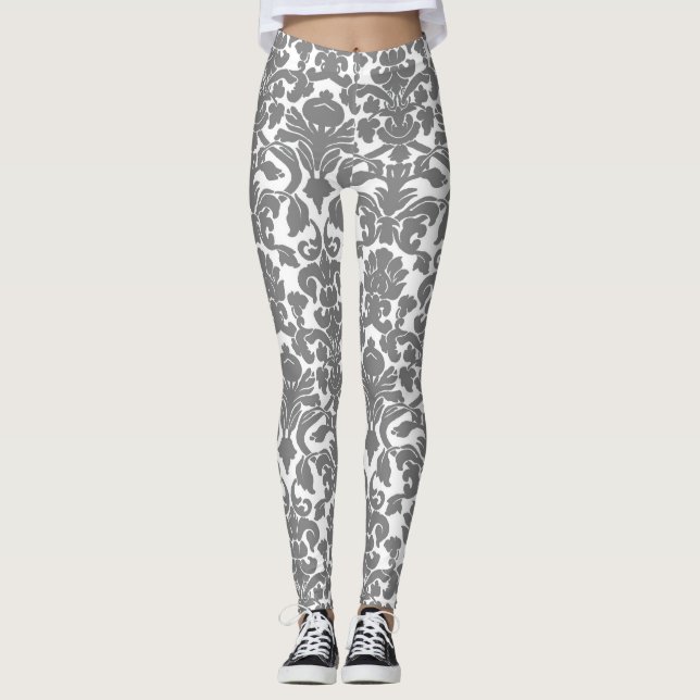 Ljust Grått Blommigt Ornate Damask-mönster Leggings (Framsida)