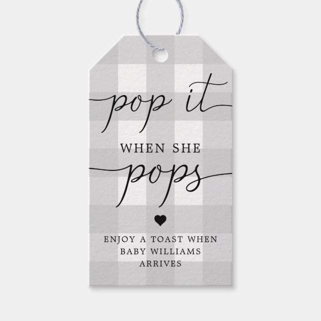 Ljust Grått Gingham poppar det när hon trycker på  Presentetikett (Framsidan)