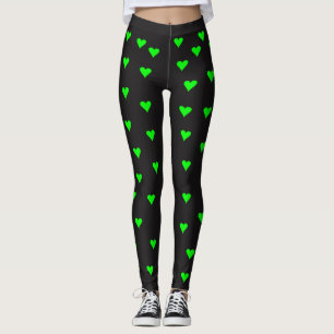Ljust - grön hjärta formar på svart bakgrund leggings