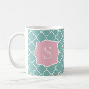 Ljust - grön Quatrefoil rosaMonogram Kaffemugg