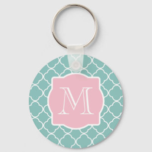 Ljust - grön Quatrefoil rosaMonogram Nyckelring