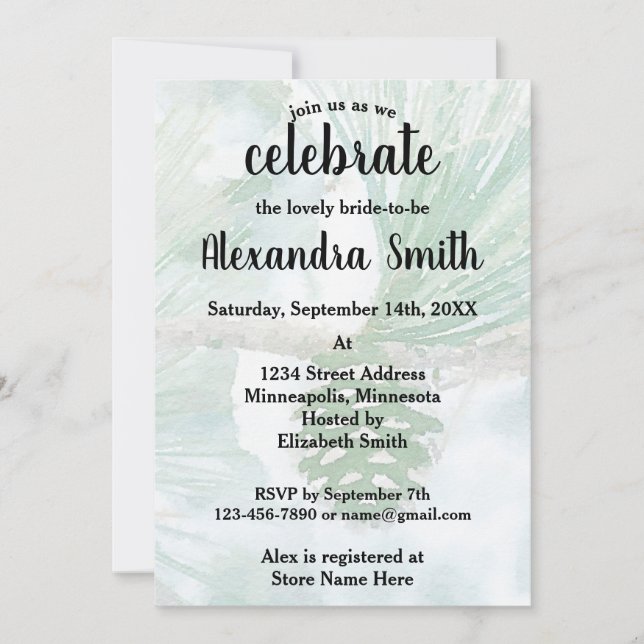 Ljust Grön Vinter Tallkotte Akvarell Bröllop Inbjudningar (Framsida)