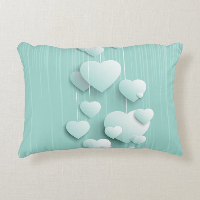 Ljust grönt bakgrund med 3D-vita hjärtan Prydnadskudde (Framsidan)