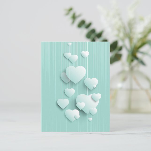 Ljust grönt bakgrund med 3D-vita hjärtan Vykort (Stående Fram)