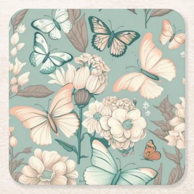 Ljust grönt blomdekaler och blommor underlägg papper kvadrat (Framsidan)