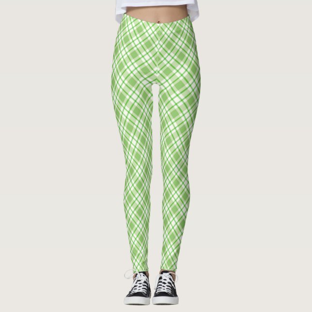Ljust grönt diagonal-kontroll mönster leggings (Framsida)
