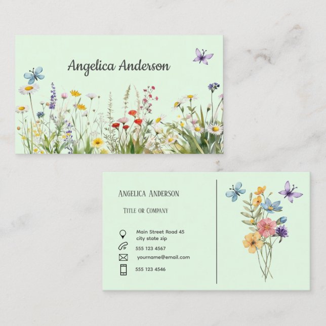 Ljust grönt feminin Watercolor Wildblomskugga Visitkort (Fram/baksida)