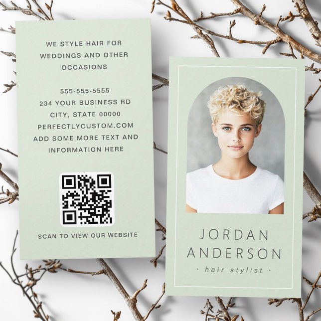 Ljust grönt för modern ljusbåge, tunn gräns QR-kod Visitkort (Modern arch photo thin border QR code light green Business Card)