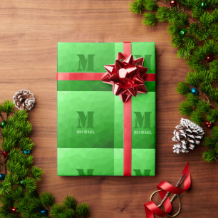 Ljust grönt geometriskt nät mönster Monogram Presentpapper