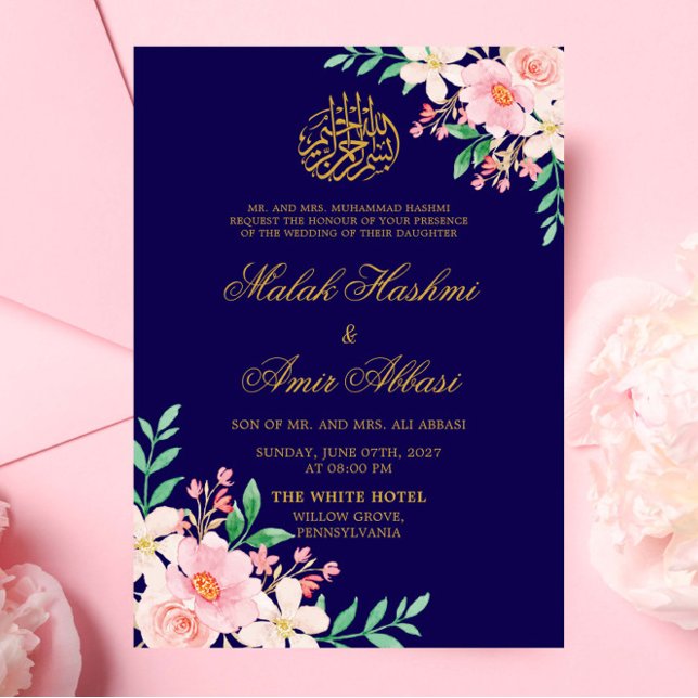 Ljust grönt Löv & Blommigt Navy Islamic Bröllop Inbjudningar (Skapare uppladdad)