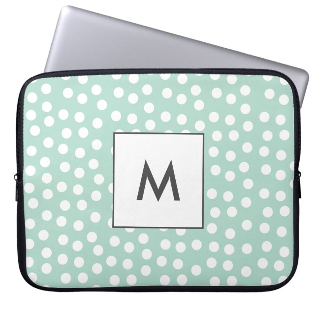 Ljust grönt mynta polka dots monogram laptop fodral (Framsidan)