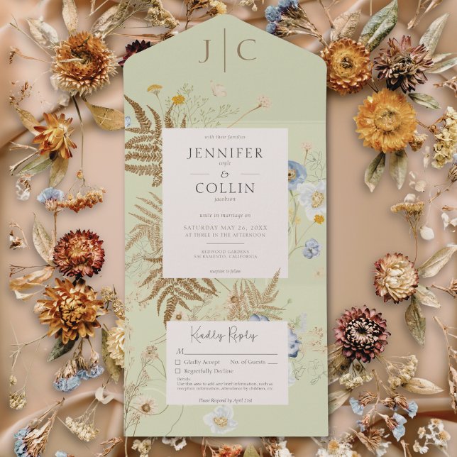 Ljust grönt nr för Rustic Wildblommor Monogram (Rustic Wildflowers Monogram Light Green No Dinner All In One Invitation)