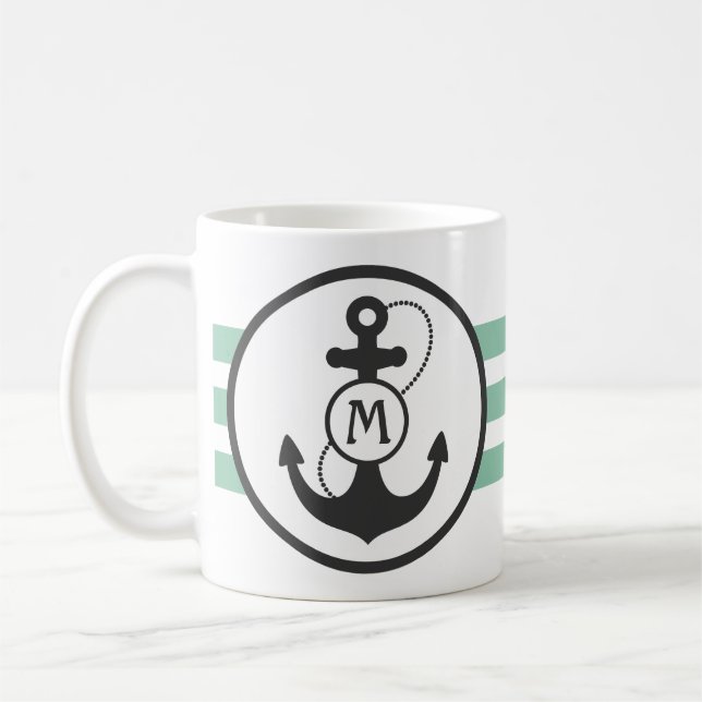 Ljust grönt och marinblå nautiska ankare kaffemugg (Vänster)