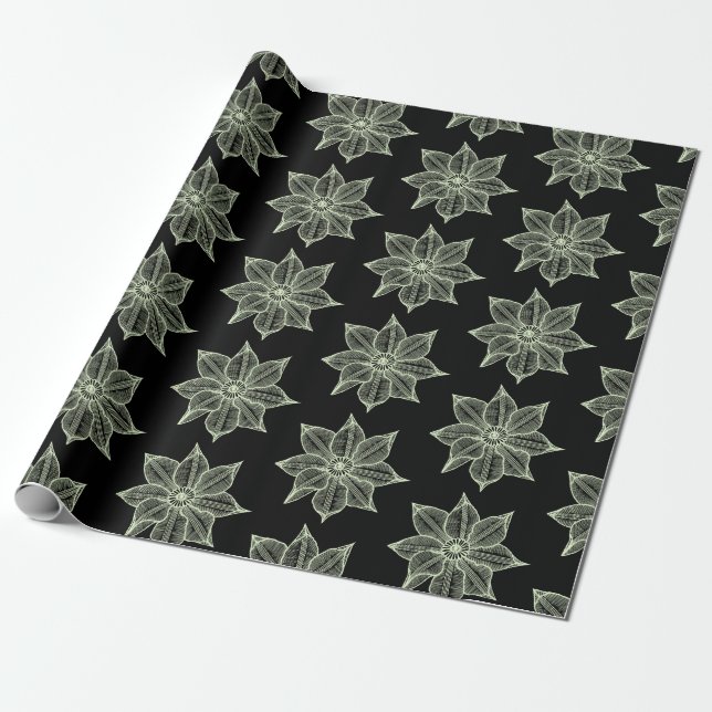 Ljust grönt på Black Sketchy Flowers Presentpapper (Utrullad)