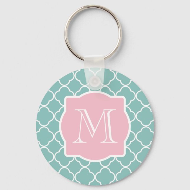 Ljust grönt Quatrefoil Rosa Monogram Nyckelring (Framsida)
