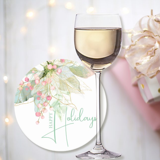 Ljust grönt Rosa Guld Poinsettia Glad helg Underlägg Papper Rund (Skapare uppladdad)