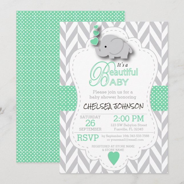 Ljust grönt, vit Grått Elephant Baby Shower Inbjudningar (Fram/baksida)