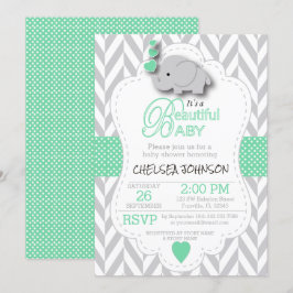 Ljust grönt, vit Grått Elephant Baby Shower Inbjudningar