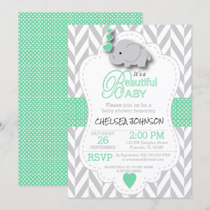 Ljust grönt, vit Grått Elephant Baby Shower Inbjudningar