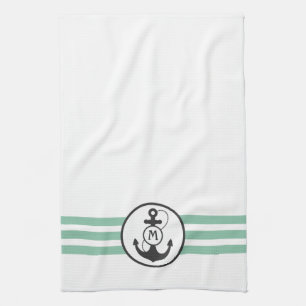 Ljust - gröntrandar med ankrar monogramen kökshandduk