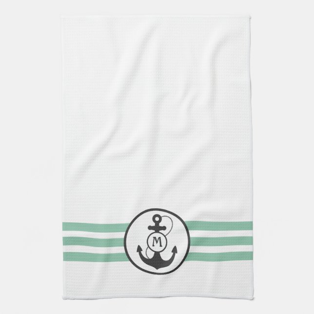 Ljust - gröntrandar med ankrar monogramen kökshandduk (Vertikal)