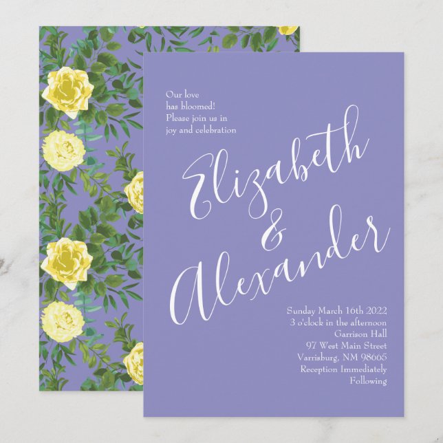 Ljust gul & blå periwinkle ros blommande bröllop inbjudningar (Fram/baksida)
