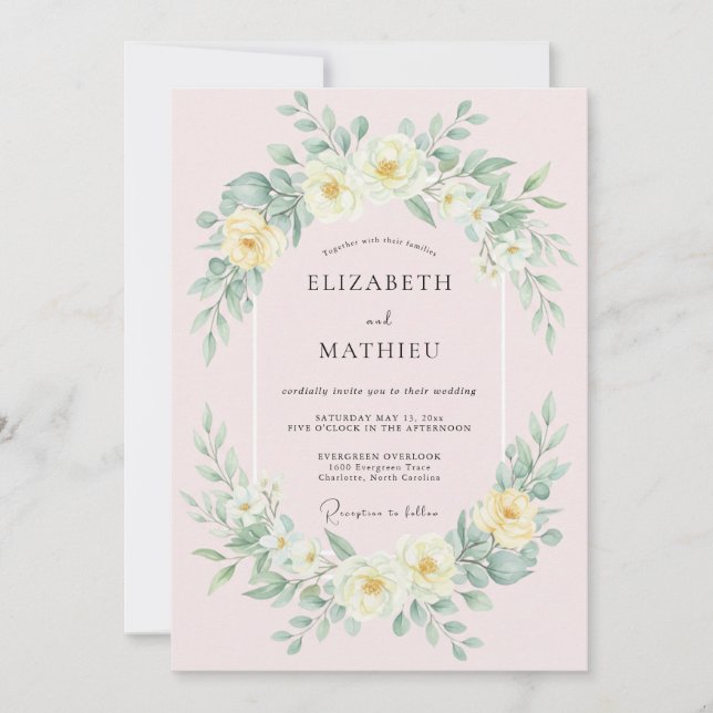 Ljust Gul Blommig Krans Bröllop Inbjudningar (Framsida)