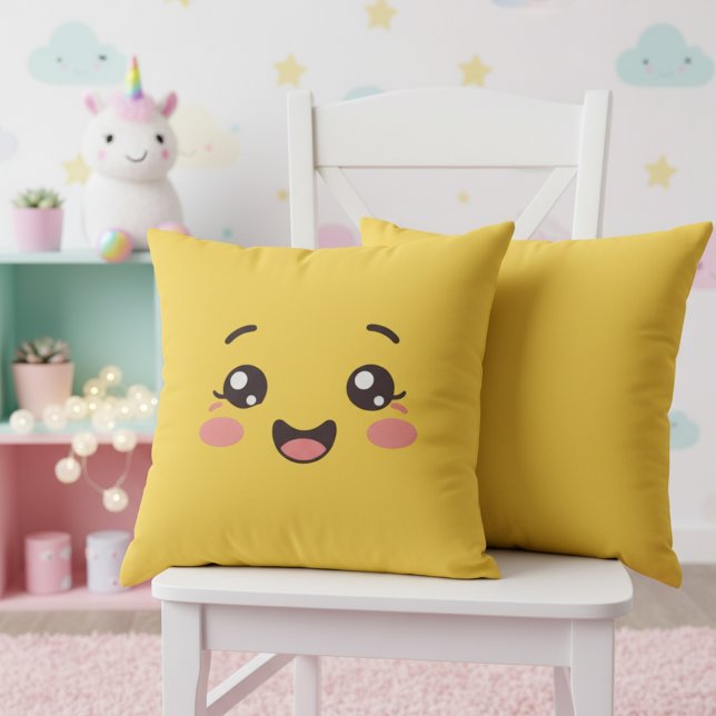 Ljust gul kawaii leende ansikte kastkudde kudde (Bright yellow kawaii throw pillow for a nursery full of joy.)