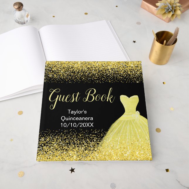 Ljust gul klänning Falsk glitter Quinceanera Gästböcker (Framsidan öppen)